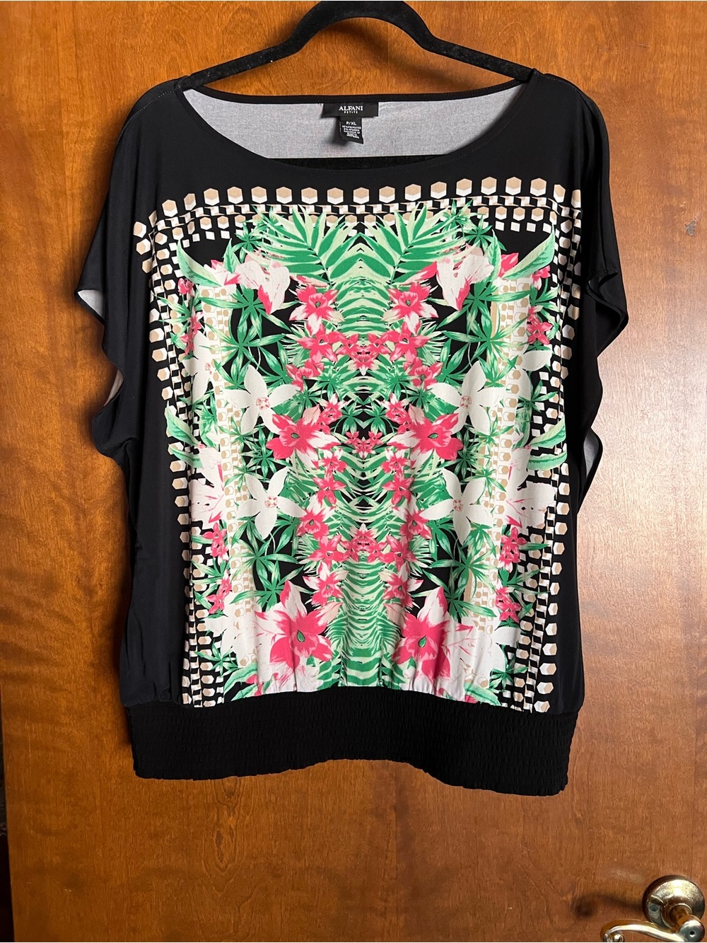 Alfani Black Tropical Floral Panel Blouse